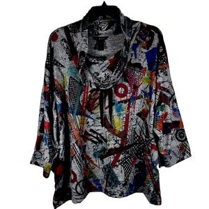 Ali Miles Tunic Top Sz 3X Grey Abstract Print Cowl Neck 3/4 Sleeve Pocket Artsy